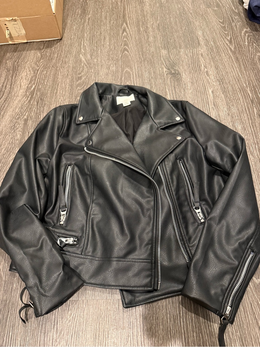 H&M Black Faux Leather Moto Jacket with Silver Hardware